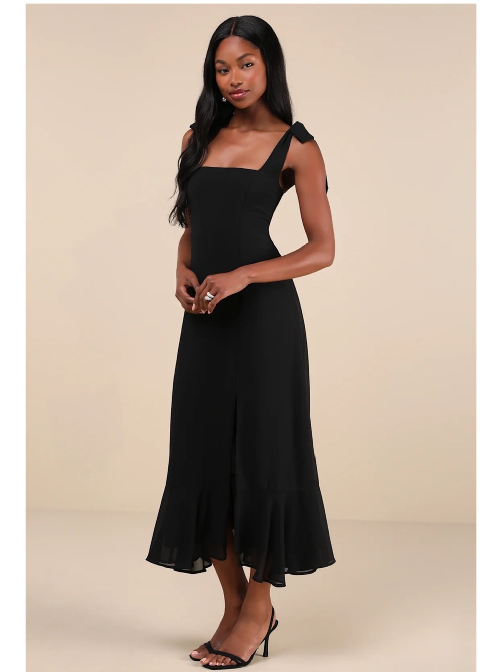 Lulus Summer Invite Black Tie-Strap Tiered Chiffon Midi Dress Small NWT - Picture 3 of 14